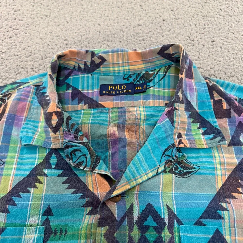 Polo Ralph Lauren Shirt XXL Southwestern Tribal Fish Plaid Camp Turquoise